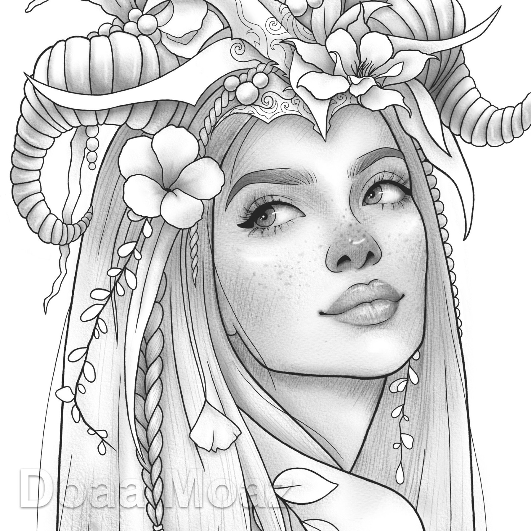 Printable coloring page Fantasy floral girl portrait - Etsy